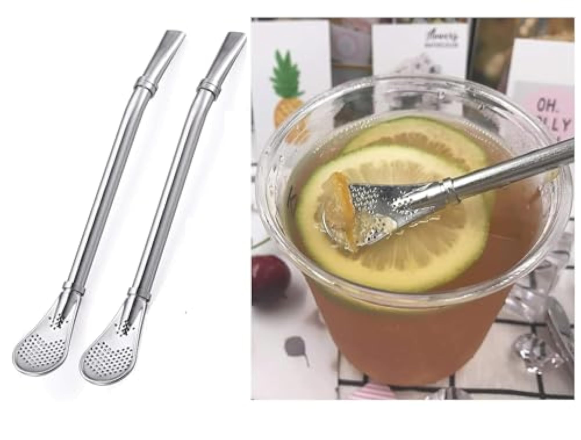 Stainless Steel Reusable Drinking Straws with Filter Spoon
